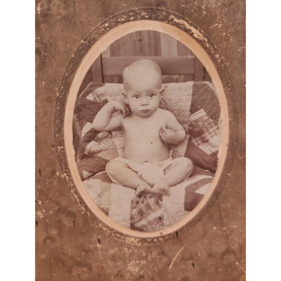 Antique Photo Cabinet Card Baby Wearing Diaper on Quilt c1880s Hands Near Head - Picture 7 of 11